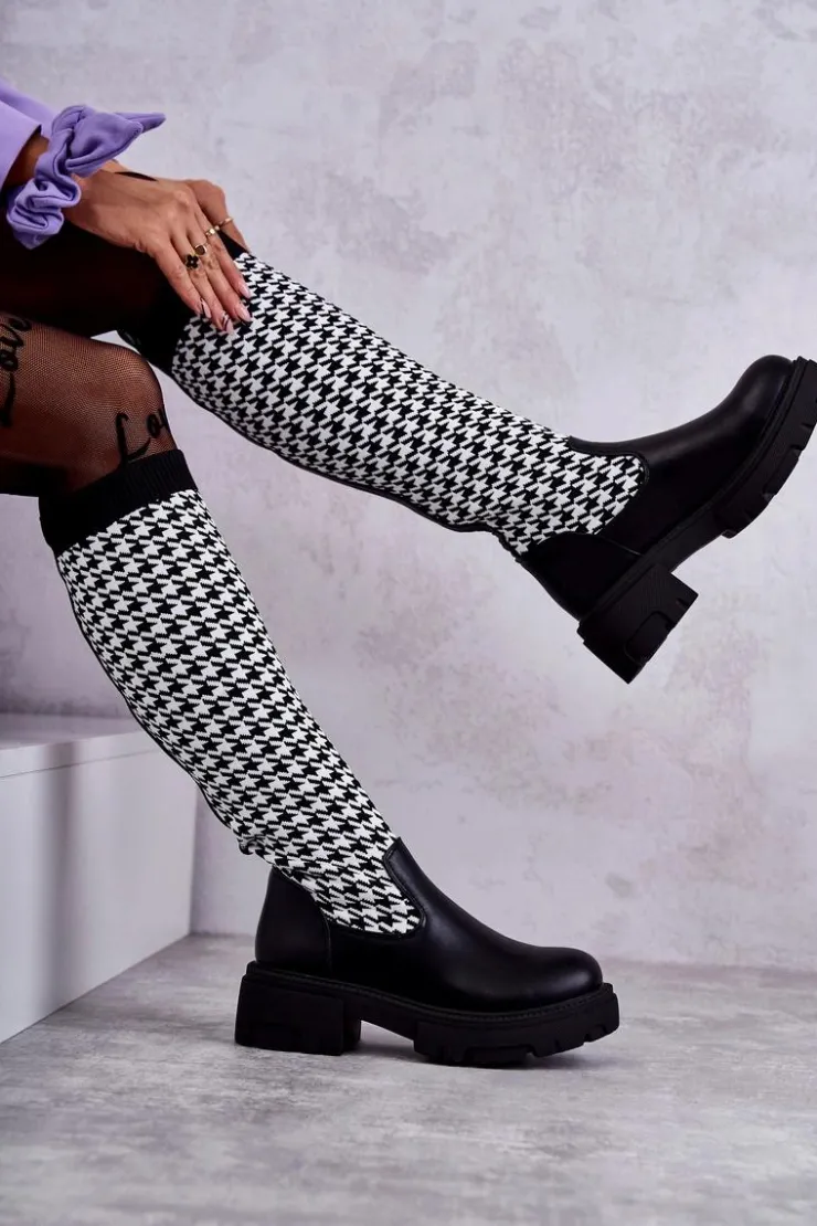 Damskie Boto Damskie Kozaki Skarpetkowe W Pepitkę Czarno-Białe Avira