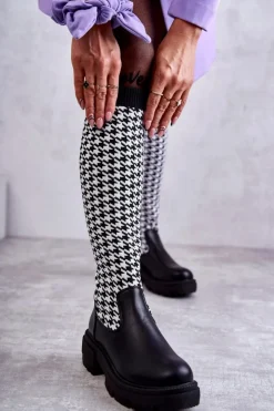 Damskie Boto Damskie Kozaki Skarpetkowe W Pepitkę Czarno-Białe Avira