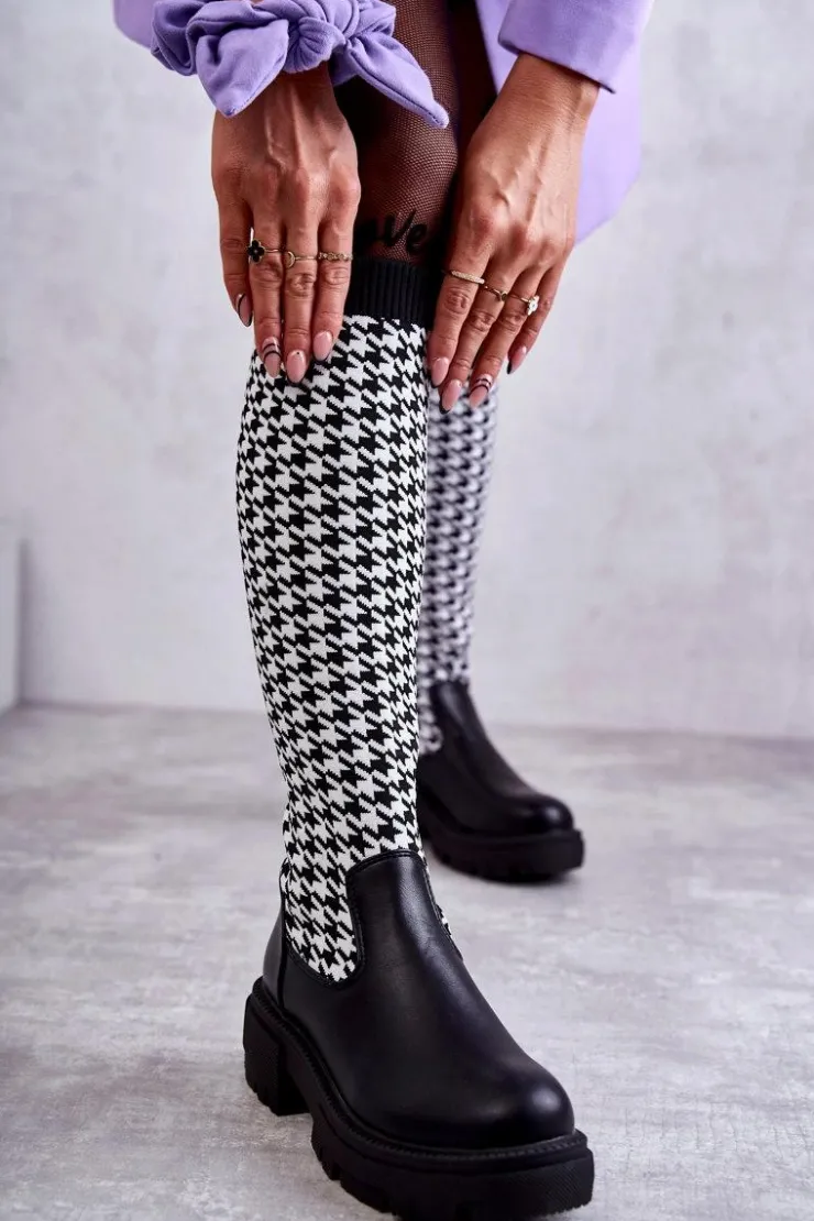 Damskie Boto Damskie Kozaki Skarpetkowe W Pepitkę Czarno-Białe Avira