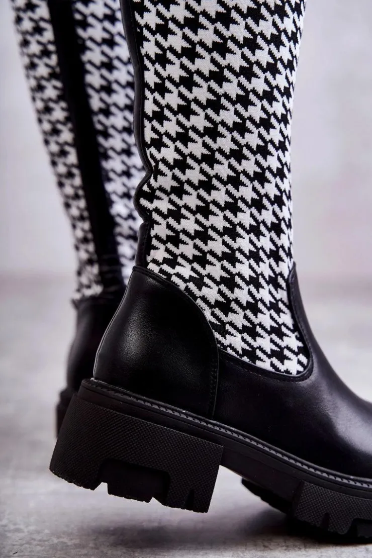 Damskie Boto Damskie Kozaki Skarpetkowe W Pepitkę Czarno-Białe Avira