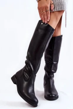 Buty Sergio Leone Damskie Kozaki Skórzane Na Płaskim Obcasie Czarne Asturio