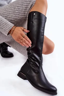 Buty Sergio Leone Damskie Kozaki Skórzane Na Płaskim Obcasie Czarne Asturio