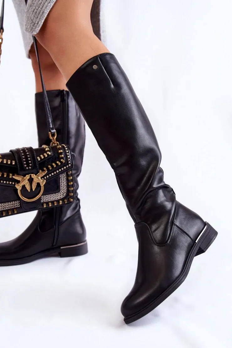 Buty Sergio Leone Damskie Kozaki Skórzane Na Płaskim Obcasie Czarne Asturio