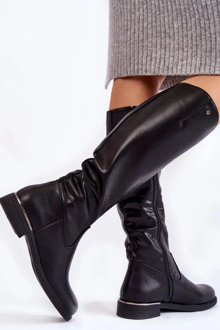 Buty Sergio Leone Damskie Kozaki Skórzane Na Płaskim Obcasie Czarne Asturio