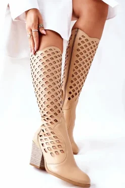 Damskie Boto Damskie Kozaki Z Ażurowym Wzorem Beżowe Verben