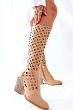 Damskie Boto Damskie Kozaki Z Ażurowym Wzorem Beżowe Verben