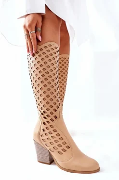 Damskie Boto Damskie Kozaki Z Ażurowym Wzorem Beżowe Verben