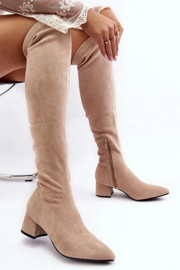 Damskie Boto Damskie Kozaki Za Kolano Na Niskim Obcasie Jasnobeżowe Maidna