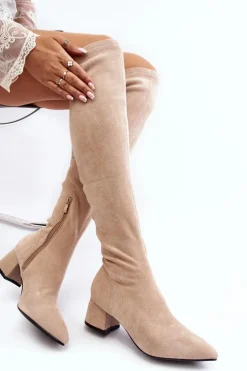 Damskie Boto Damskie Kozaki Za Kolano Na Niskim Obcasie Jasnobeżowe Maidna