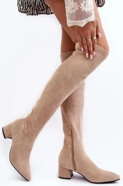 Damskie Boto Damskie Kozaki Za Kolano Na Niskim Obcasie Jasnobeżowe Maidna