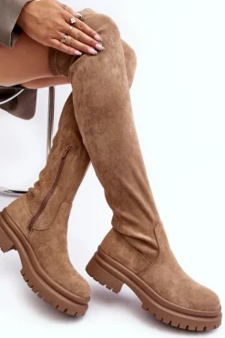 Evento Muszkieterki|Kozaki Za Kolano*Damskie Kozaki Za Kolano Na Płaskim Obcasie Beżowe Silune Beżowy