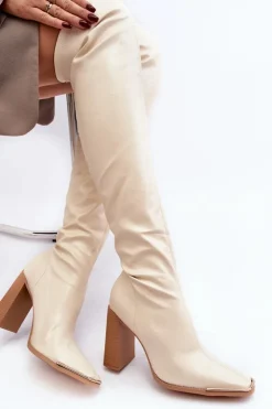 Boto Muszkieterki|Kozaki Za Kolano*Damskie Kozaki Za kolano Na Słupku Ekoskóra Beżowe Orcella