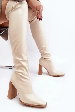 Boto Muszkieterki|Kozaki Za Kolano*Damskie Kozaki Za kolano Na Słupku Ekoskóra Beżowe Orcella