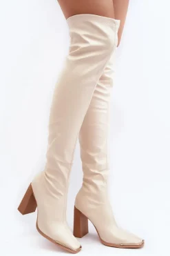 Boto Muszkieterki|Kozaki Za Kolano*Damskie Kozaki Za kolano Na Słupku Ekoskóra Beżowe Orcella