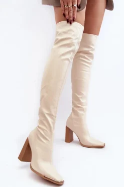 Boto Muszkieterki|Kozaki Za Kolano*Damskie Kozaki Za kolano Na Słupku Ekoskóra Beżowe Orcella