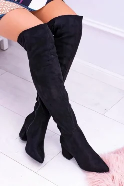 Damskie Boto Damskie Kozaki Za Kolano Zamszowe Czarne Feluni
