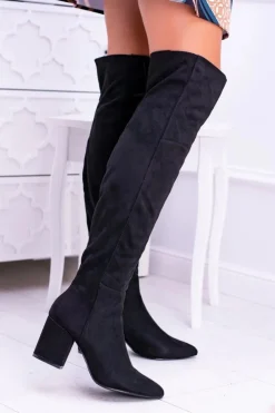 Damskie Boto Damskie Kozaki Za Kolano Zamszowe Czarne Feluni