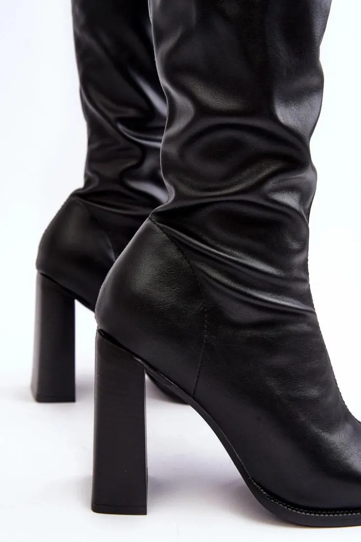 Boto Damskie Kozaki Za kolano Na Słupku Ekoskóra Czarne Orcella