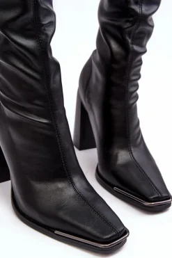 Boto Damskie Kozaki Za kolano Na Słupku Ekoskóra Czarne Orcella