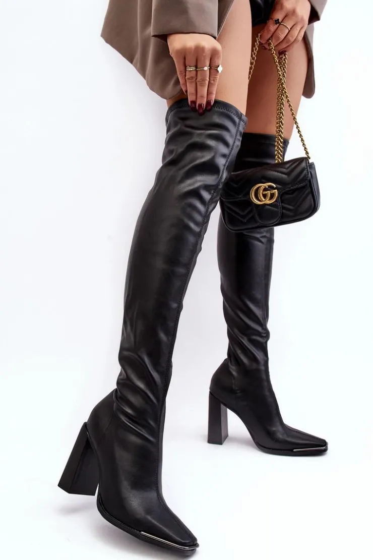 Boto Damskie Kozaki Za kolano Na Słupku Ekoskóra Czarne Orcella