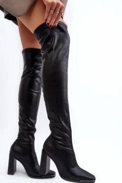 Boto Damskie Kozaki Za kolano Na Słupku Ekoskóra Czarne Orcella