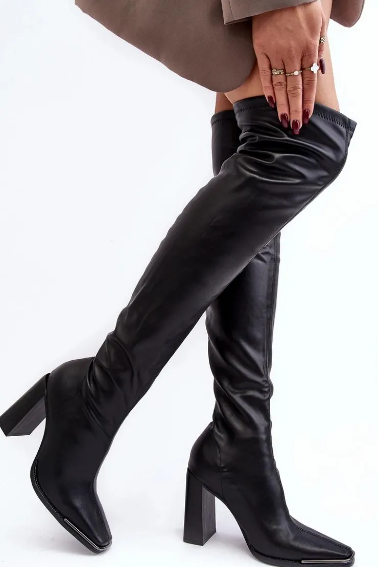 Boto Damskie Kozaki Za kolano Na Słupku Ekoskóra Czarne Orcella