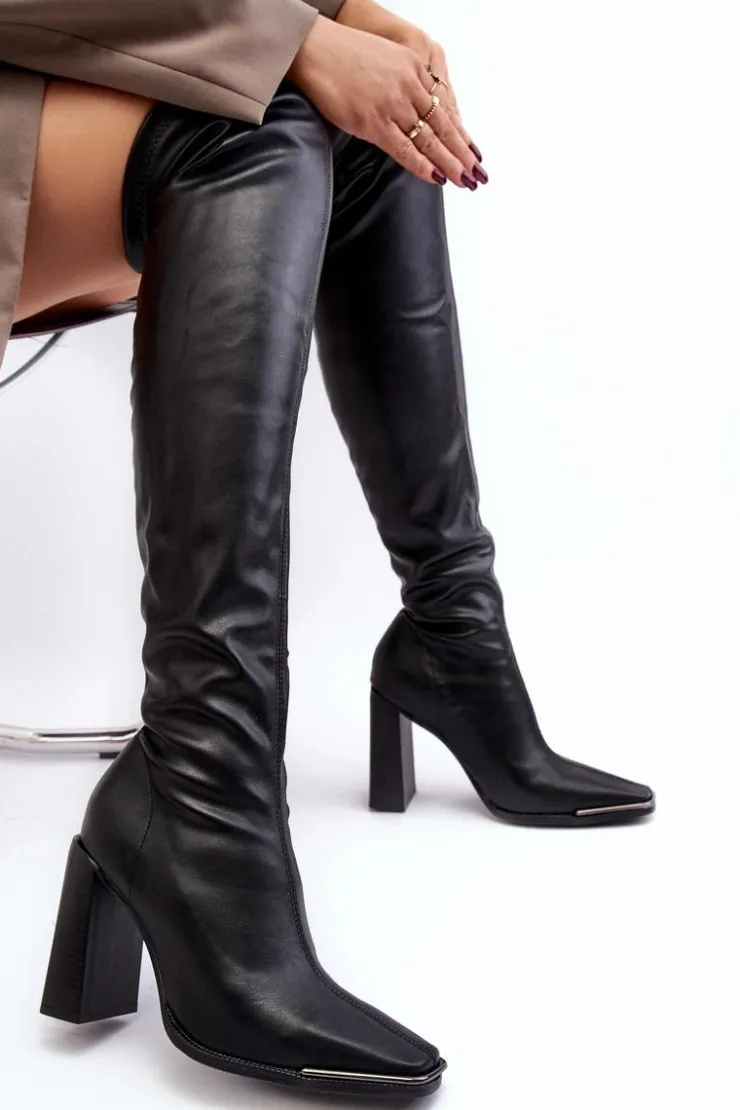 Boto Damskie Kozaki Za kolano Na Słupku Ekoskóra Czarne Orcella