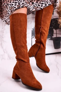 Buty Sergio Leone Kozaki Na Obcasie|Kozaki Zamszowe*Damskie kozaki zamszowe Sergio Leone camel KZ273