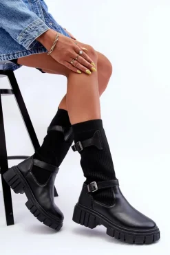 Hot Boto Damskie Kozaki Ze Skarpetą Czarne Abroze Czarny