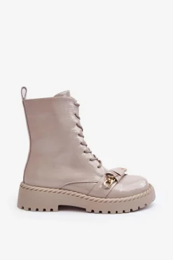 Damskie buty S.Barski Botki Ocieplane|Botki Sznurowane*Damskie Lakierowane Botki Workery Z Ozdobą D&A MR870-67 Jasnoszare Szary