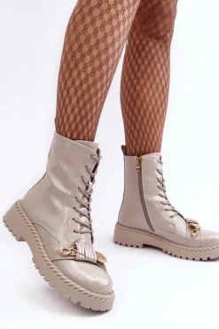 Damskie buty S.Barski Botki Ocieplane|Botki Sznurowane*Damskie Lakierowane Botki Workery Z Ozdobą D&A MR870-67 Jasnoszare Szary