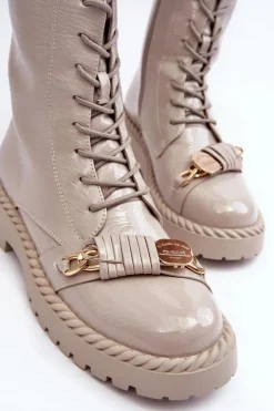 Damskie buty S.Barski Botki Ocieplane|Botki Sznurowane*Damskie Lakierowane Botki Workery Z Ozdobą D&A MR870-67 Jasnoszare Szary
