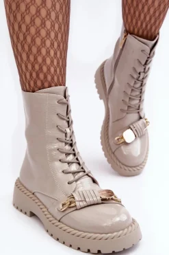 Damskie buty S.Barski Botki Ocieplane|Botki Sznurowane*Damskie Lakierowane Botki Workery Z Ozdobą D&A MR870-67 Jasnoszare Szary