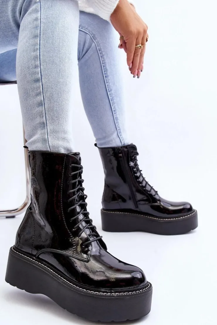 Boto Botki Sznurowane|Botki Płaskie*Damskie Lakierowane Botki Na Grubej Podeszwie Czarne Movana