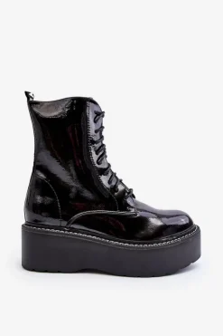 Boto Botki Sznurowane|Botki Płaskie*Damskie Lakierowane Botki Na Grubej Podeszwie Czarne Movana