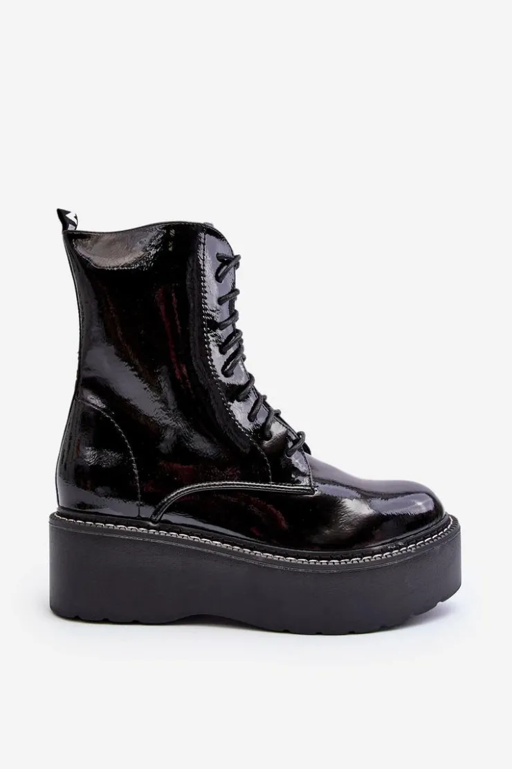 Boto Botki Sznurowane|Botki Płaskie*Damskie Lakierowane Botki Na Grubej Podeszwie Czarne Movana