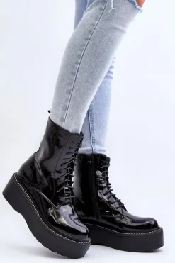 Boto Botki Sznurowane|Botki Płaskie*Damskie Lakierowane Botki Na Grubej Podeszwie Czarne Movana