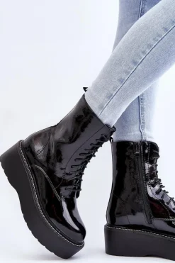 Boto Botki Sznurowane|Botki Płaskie*Damskie Lakierowane Botki Na Grubej Podeszwie Czarne Movana