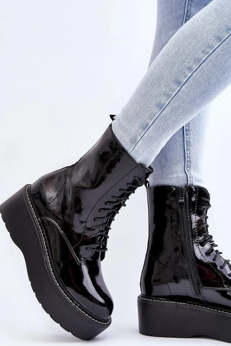 Boto Botki Sznurowane|Botki Płaskie*Damskie Lakierowane Botki Na Grubej Podeszwie Czarne Movana