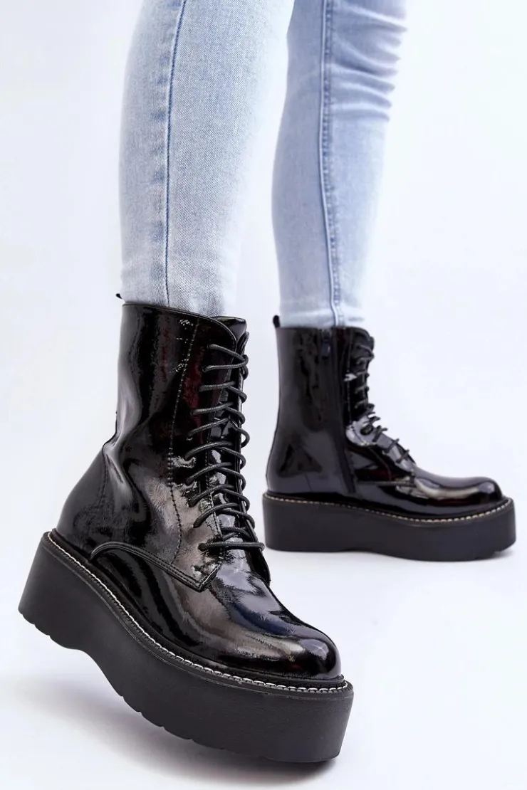 Boto Botki Sznurowane|Botki Płaskie*Damskie Lakierowane Botki Na Grubej Podeszwie Czarne Movana