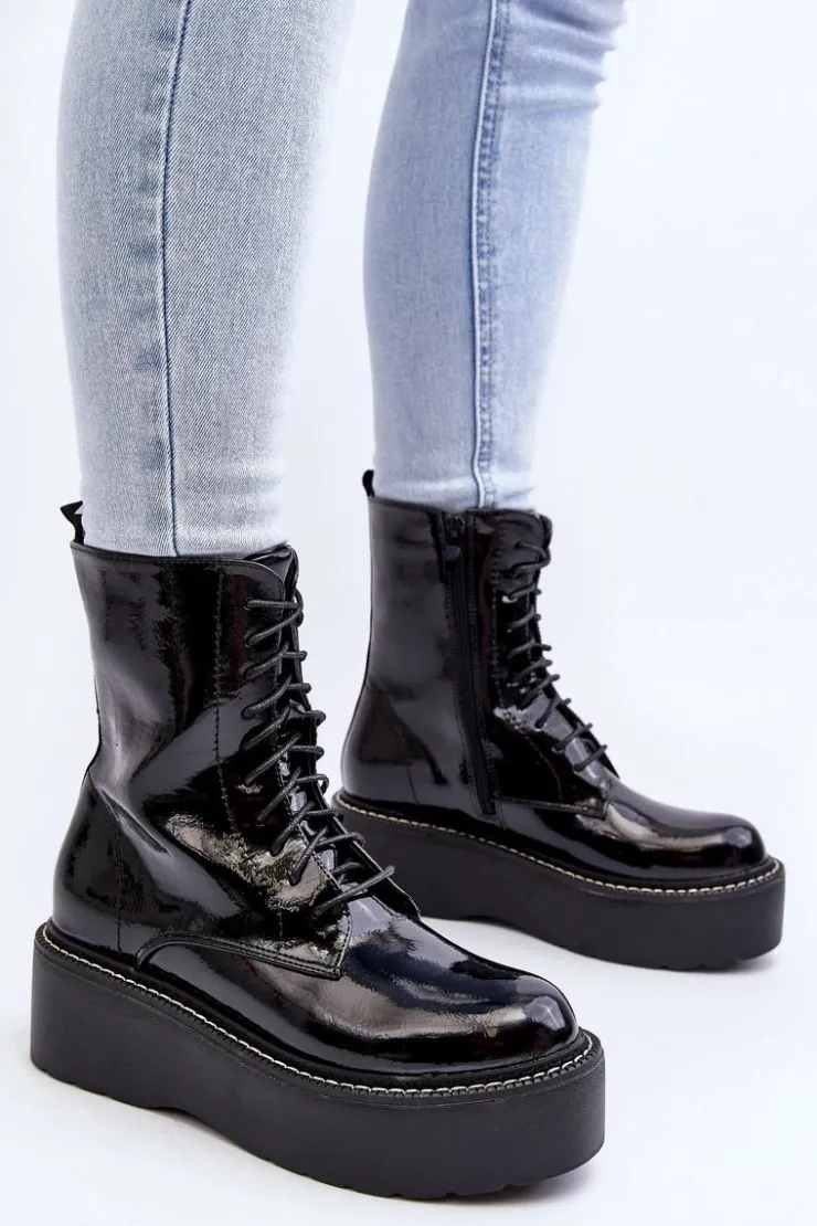 Boto Botki Sznurowane|Botki Płaskie*Damskie Lakierowane Botki Na Grubej Podeszwie Czarne Movana