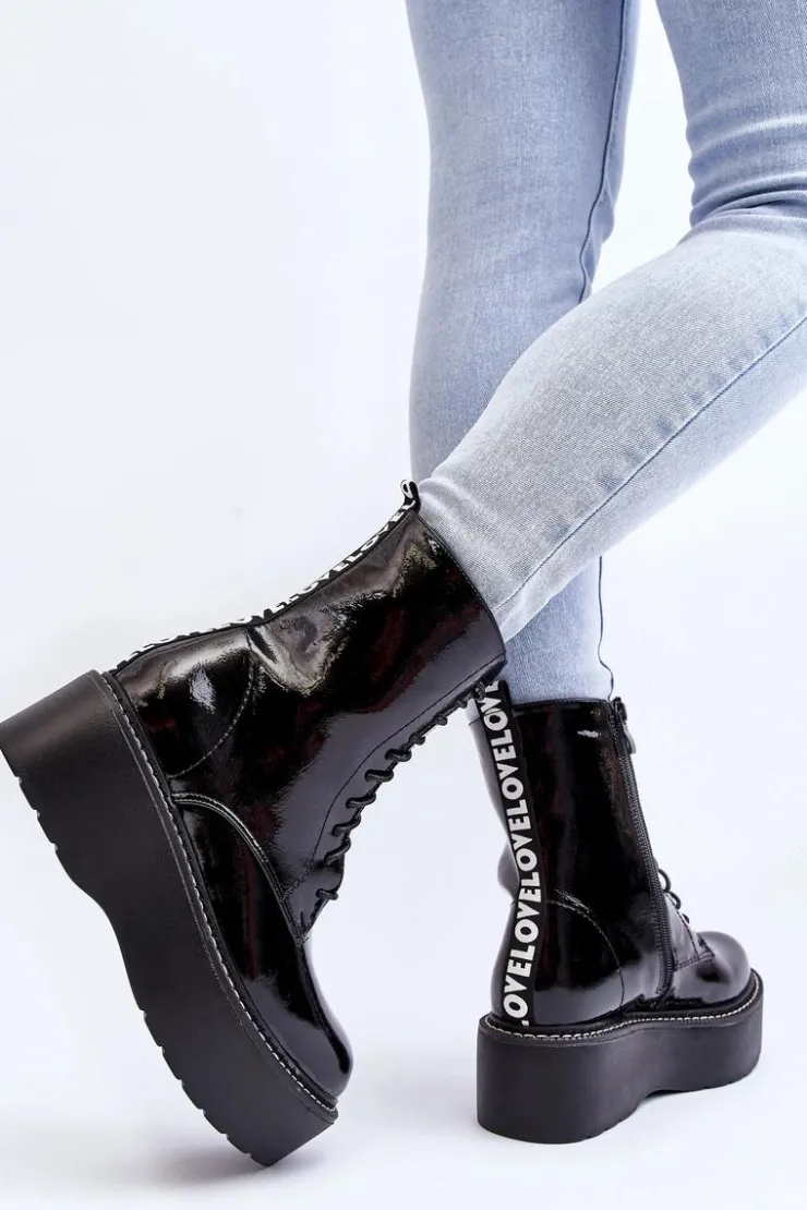 Boto Botki Sznurowane|Botki Płaskie*Damskie Lakierowane Botki Na Grubej Podeszwie Czarne Movana