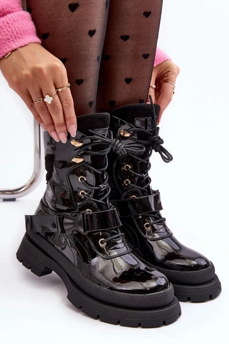 Damskie Boto Damskie Lakierowane Botki Workery Na Platformie Czarne Nahili