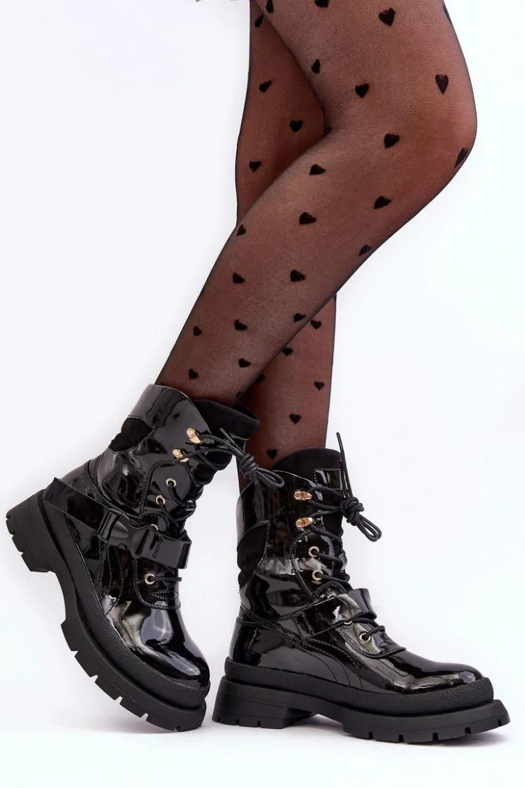 Damskie Boto Damskie Lakierowane Botki Workery Na Platformie Czarne Nahili