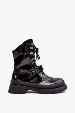 Damskie Boto Damskie Lakierowane Botki Workery Na Platformie Czarne Nahili