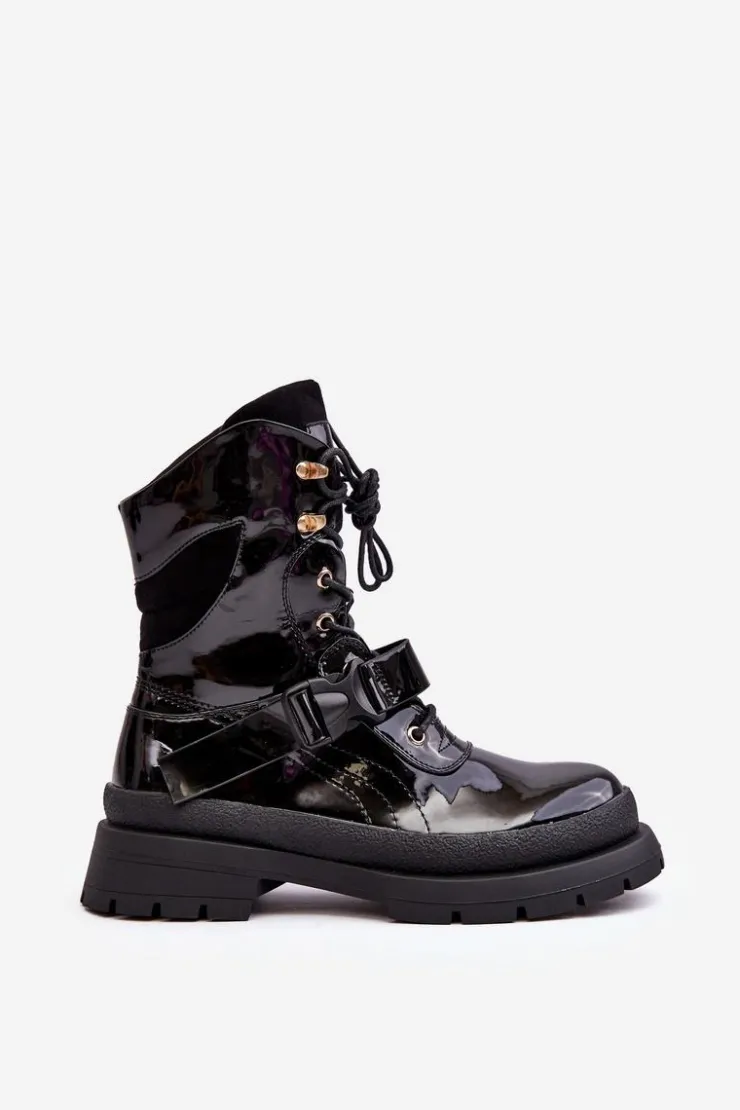 Damskie Boto Damskie Lakierowane Botki Workery Na Platformie Czarne Nahili