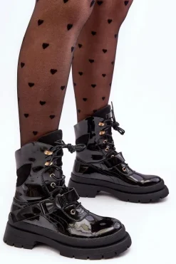 Damskie Boto Damskie Lakierowane Botki Workery Na Platformie Czarne Nahili