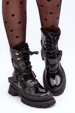 Damskie Boto Damskie Lakierowane Botki Workery Na Platformie Czarne Nahili