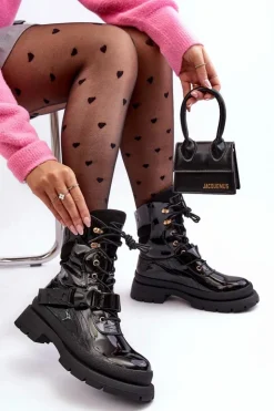 Damskie Boto Damskie Lakierowane Botki Workery Na Platformie Czarne Nahili