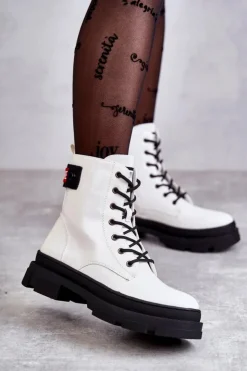 Damskie buty S.Barski Botki Sznurowane|Botki Zimowe Damskie*Damskie Lakierowane Botki Workery Sznurowane Białe Conny